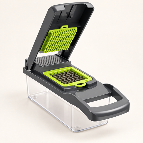 Cortador cinza e verde com tampa aberta e coletor transparente