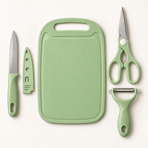 Kit de tábua, faca, tesoura e descascador na cor verde