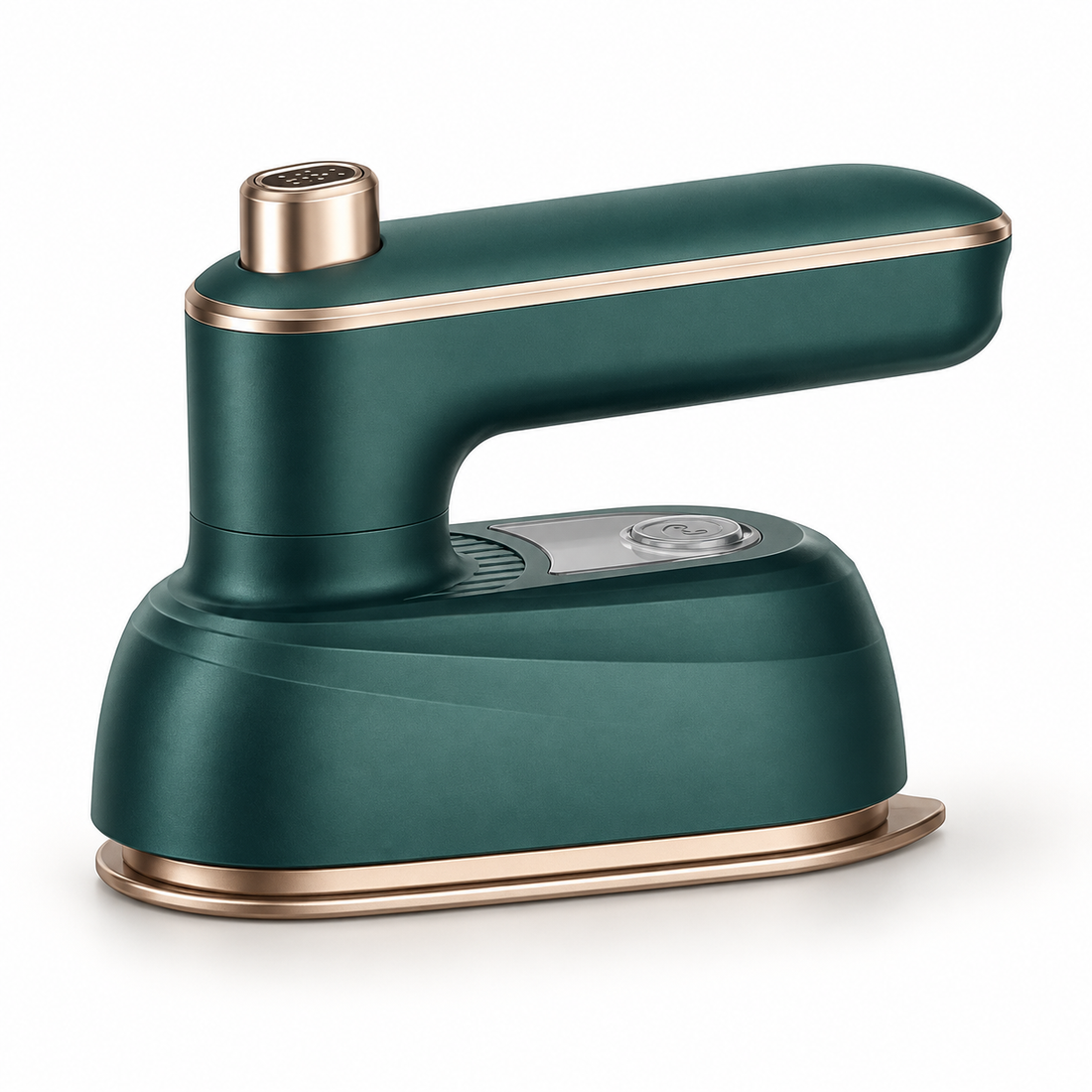 Mini vaporizador de roupas compacto verde com acabamento dourado
